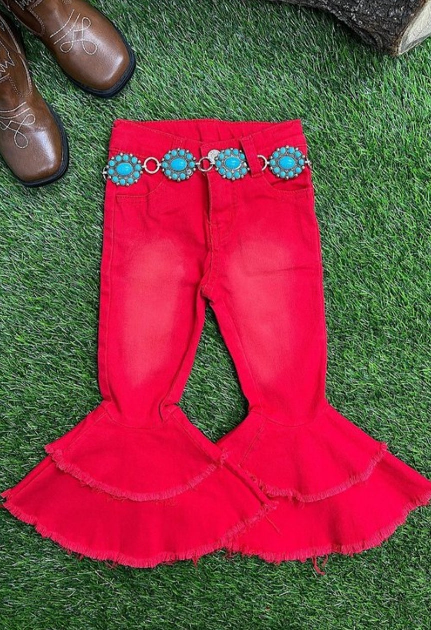 Red Distressed Bell Bottoms