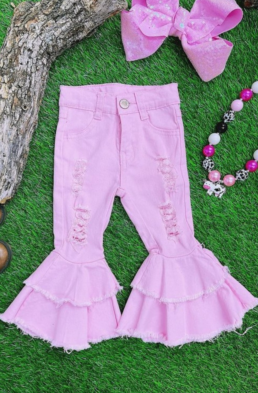 Light Pink Distressed Bell Bottoms